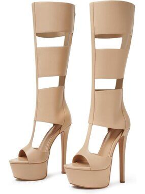 Women's Nude Knee High Heels Gladiator Open Toe Summer Boots Black Heels Sandal